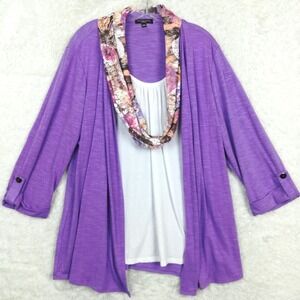 Notations Womens Cardigan Top Open Front White Inner Purple Floral Scarf Plus 1X